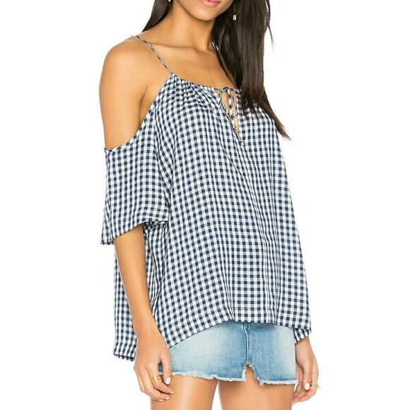 VELVET by Graham & Spencer Nedra cold shoulder gingham top blouse admiral blue S - Picture 2 of 8